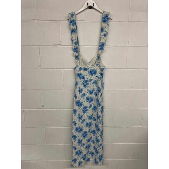 Rixo XS 0-2 Blue White Floral Print Cecile Sleeveless Ruffled Midi Dress print - Picture 6 of 7